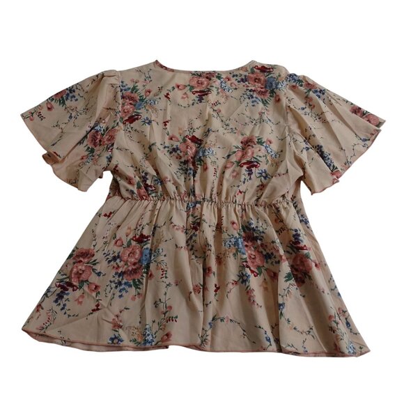 Pink Floral Print V-Neck Blouse Cinched Waist Womens Size L Short Sleeve - Picture 3 of 9